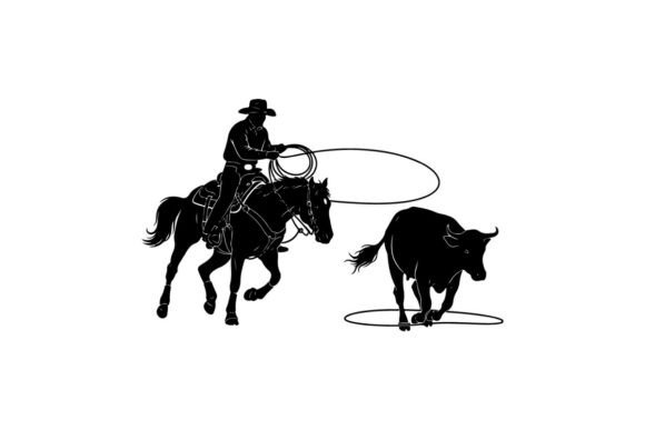 Cowboy on Horseback Lassoing a Calf in B